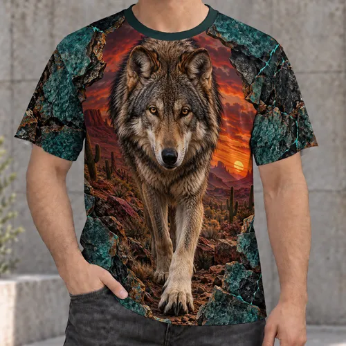 Front-Facing Wolf in Desert Sunset for Wilderness Adventure and Southwestern Outdoor Enthusiasts All-over Print Unisex T-shirt