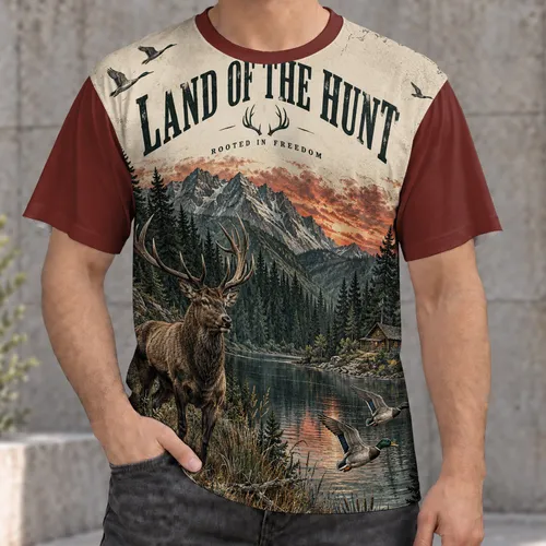 Deer and Mallard Wilderness Scene for Hunting Camp and Outdoor Country Living All-over Print Unisex T-shirt
