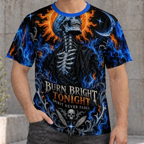 Blue Flame Skeleton With Burning Sun for Gothic Halloween Nightlife Fans All-over Print Unisex T-shirt