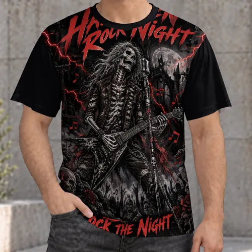 Skull Guitarist Halloween Rock Night Concert Scene for Gothic Music Fans and Nightlife All-over Print Unisex T-shirt