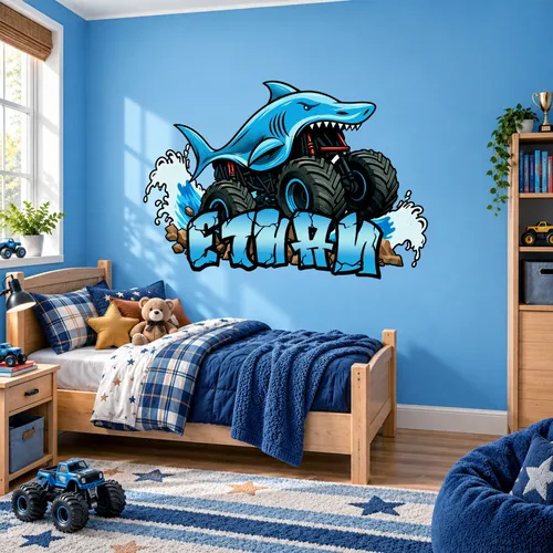 Personalized Shark Monster Truck Name Wall Decal – Custom Kids Name Sticker for Boys Bedroom, Christmas Gift for Son