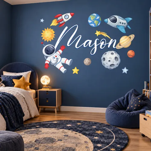 Personalized Outer Space Name Wall Decal – Custom Astronaut Rocket Planet Sticker for Boys Nursery, Christmas Gift