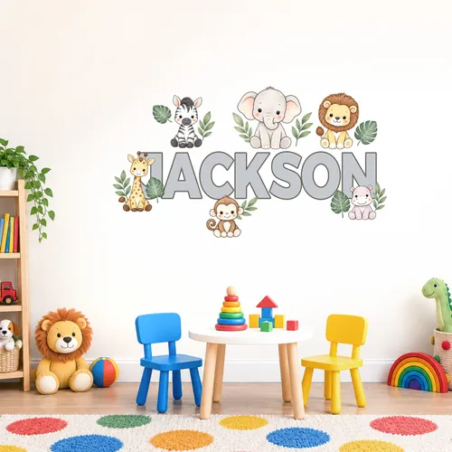 Personalized Safari Animals Name Wall Decal – Custom Jungle Name Sticker for Boys Nursery, Christmas Gift for Baby