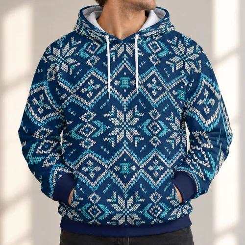 Navy Nordic Snowflake Motifs for Cozy Winter Walks, Cabin Days, and Fireside Weekends All-over Print Hoodie (Lightweight)