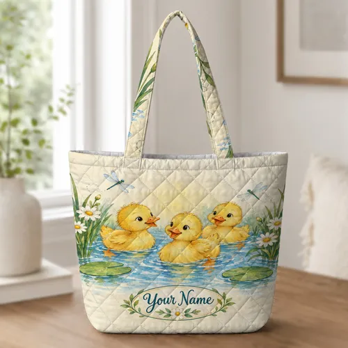 Vintage Ducklings by a Lily Pond for Spring Outings and Picnics with Family Quilted Tote Bag