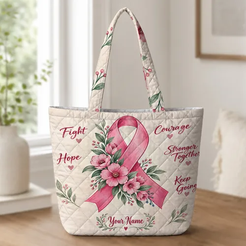 Pink Ribbon Floral Hope and Courage Gift for Breast Cancer Survivor Women Support Quilted Tote Bag
