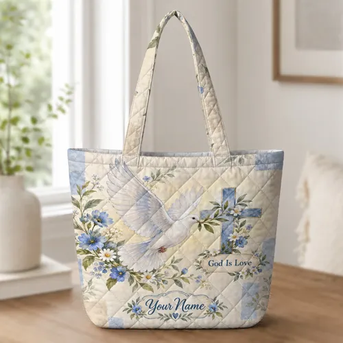 Vintage Blue Floral Dove and Cross for Church Gifts and Everyday Faithful Living Quilted Tote Bag