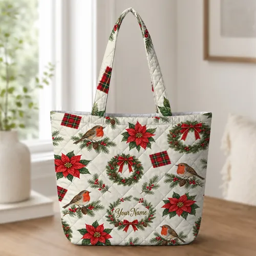 Christmas Robin, Poinsettia and Plaid Holiday Keepsake for Women Who Love Vintage Cheer Quilted Tote Bag