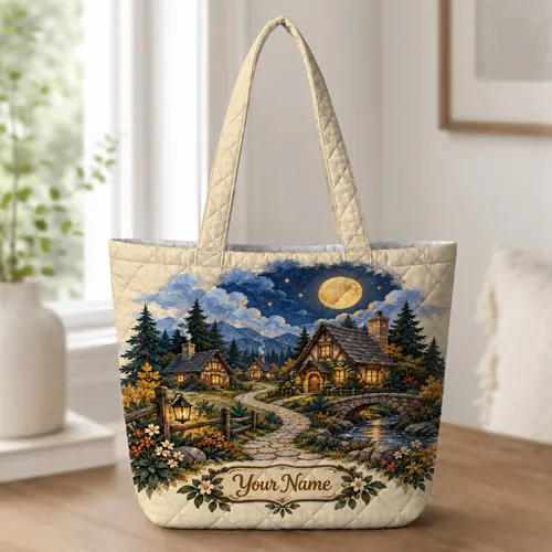 Moonlit Woodland Cottage Village for Cozy Laundry Days and Rustic Home Living Gifts Quilted Tote Bag