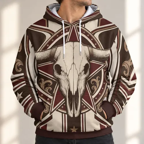 Engraved Bull Skull And Western Stars For Rodeo Nights And Everyday Western Style All-over Print Hoodie (Lightweight)