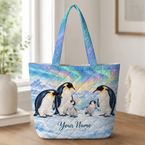 Colorful Aurora Penguins for Arctic Home Gifts, Winter Gatherings, and Nature Lovers Quilted Tote Bag