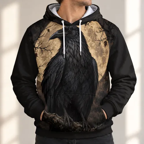 Midnight Raven Beneath a Harvest Moon for Halloween Nights and Gothic Nature Enthusiasts All-over Print Hoodie (Lightweight)