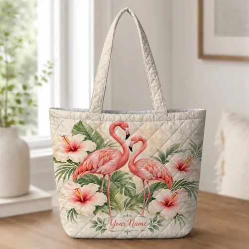 Pink Flamingos And Hibiscus For Tropical Laundry Room Style And Nature Lovers Quilted Tote Bag
