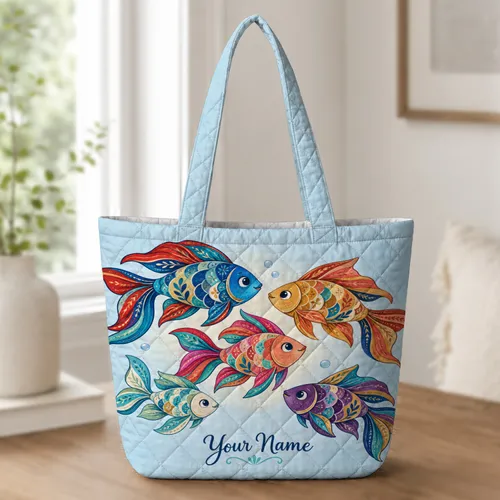 Colorful Folk Art Fish for Coastal Getaways and Everyday Joy for Fish Lovers Quilted Tote Bag