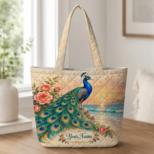 Peacock by a Golden Beach Sunset for Elegant Summer Getaways and Thoughtful Gifts for Her Quilted Tote Bag