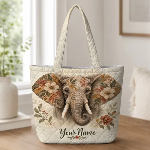 Vintage Elephant and Autumn Blooms for Safari-Inspired Living and Thoughtful Gifting Quilted Tote Bag