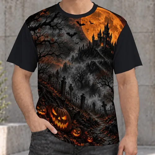 Haunted Castle, Bats And Glowing Pumpkins For Halloween Nights And Autumn Parties All-over Print Unisex T-shirt