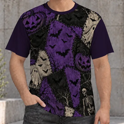 Purple Halloween Patchwork With Bats, Pumpkins and Ghosts for Spooky October Nights All-over Print Unisex T-shirt