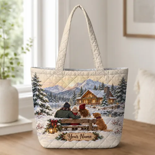 Snowy Cabin and Family Christmas Keepsake for Cozy Rustic Winter Holiday Gatherings Quilted Tote Bag