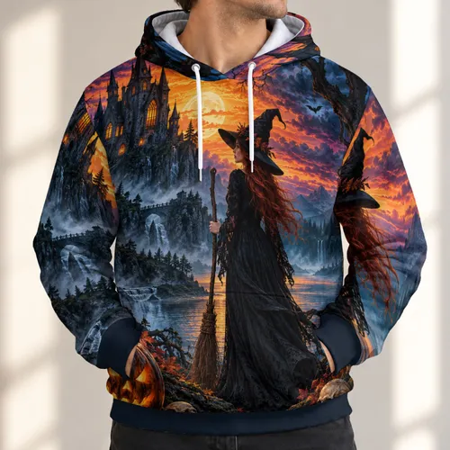 Halloween Witch Haunted Manor Autumn Night Scene for Seasonal Celebrations All-over Print Hoodie (Lightweight)