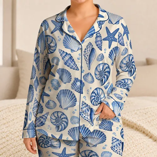 Blue Seashells and Starfish for Relaxed Coastal Summer Evenings by the Seaside Satin Pajamas Set