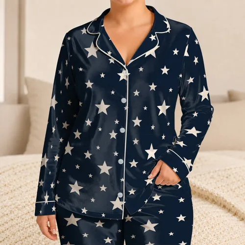 Navy And Ivory Stars for Cozy Evenings and Relaxed Nights at Home for Women Satin Pajamas Set