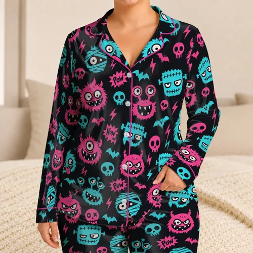 Neon Monster Faces and Comic Doodles for Playful Halloween Nights at Home Satin Pajamas Set