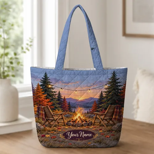 Autumn Campfire Forest Chair Scene for Cozy Fall Camping and Weekend Getaways Outdoors Quilted Tote Bag