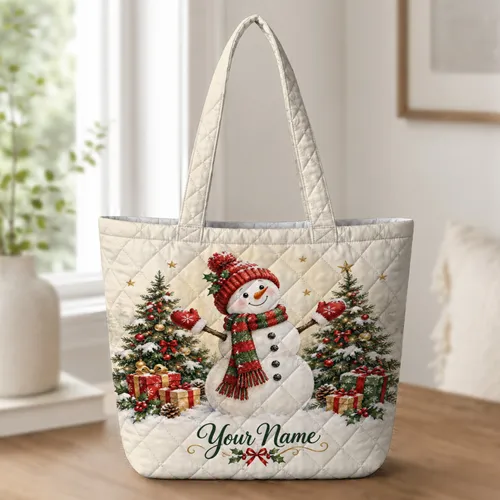 Christmas Snowman with Evergreen Trees for Winter Holiday Gift Giving and Family Cheer Quilted Tote Bag