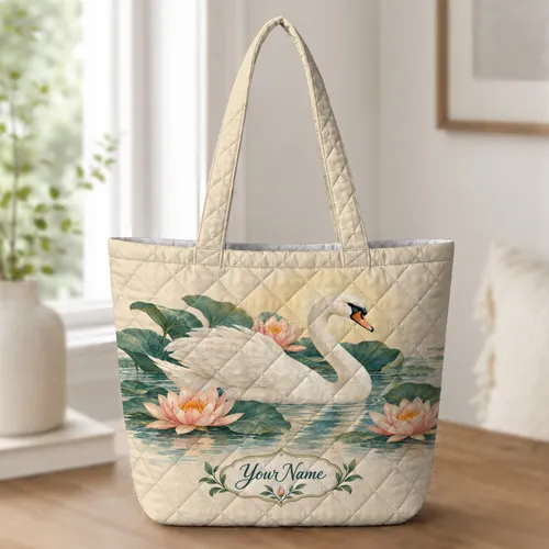 Elegant Swan and Water Lily Scene for Graceful Everyday Shopping and Workday Style Quilted Tote Bag