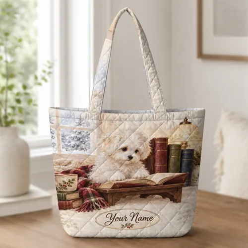 Fluffy Puppy With Vintage Library Books for Cozy Winter Reading Days and Book Lovers Quilted Tote Bag