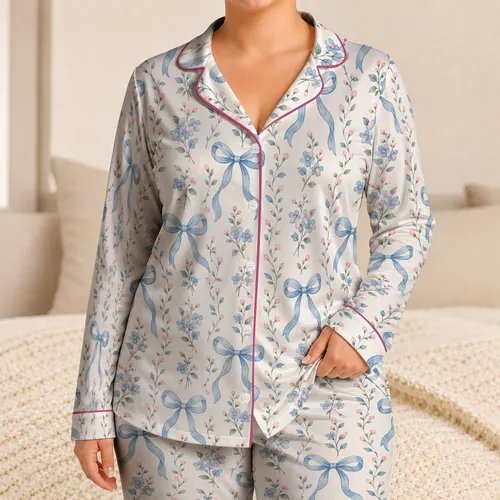 Blue Ribbon Bows and Blossoms for Elegant Summer Lounging and Thoughtful Gift Giving Satin Pajamas Set
