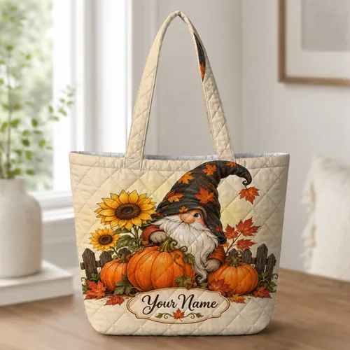 Autumn Gnome with Pumpkins and Sunflowers for Fall Harvest Season Quilted Tote Bag