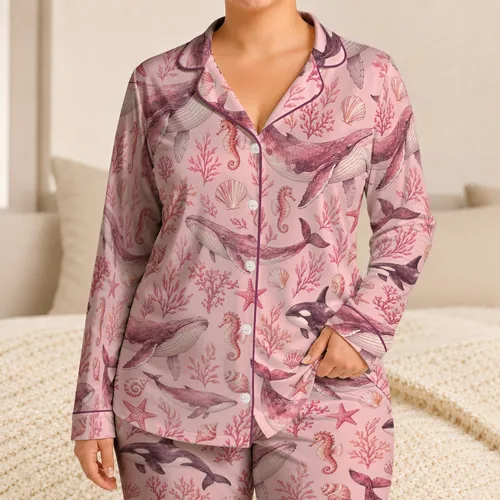 Blush Pink Whale And Sea Life Ocean Motifs For Relaxing Coastal Nights Satin Pajamas Set