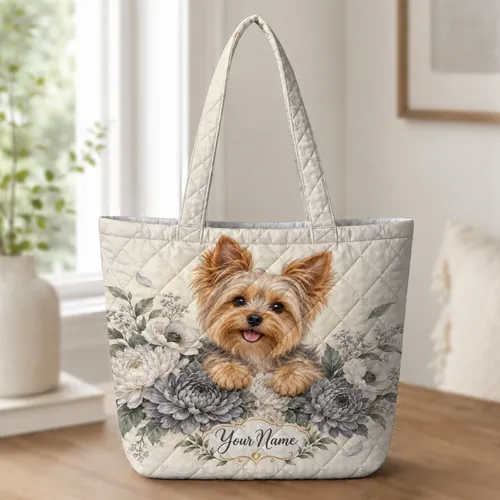 Golden Terrier Among Monochrome Blooms for Everyday Shopping and Travel Companion Quilted Tote Bag