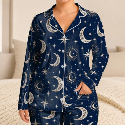 Navy Crescent Moons and Starbursts for Dreamy Stargazing Nights and Cozy Lounging at Home Satin Pajamas Set