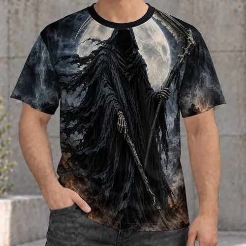 Hooded Reaper Under Full Moon for Dark Fantasy Nights and Horror Fans All-over Print Unisex T-shirt