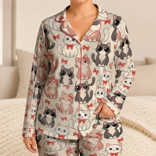 Cute Cat Faces with Bows and Sunglasses for Cozy Nights and Weekend Lounging Gifts Satin Pajamas Set