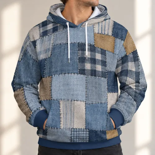 Blue Denim Patchwork Checks For Creative Weekends And Casual Wear Rust Accents All-over Print Hoodie (Lightweight)