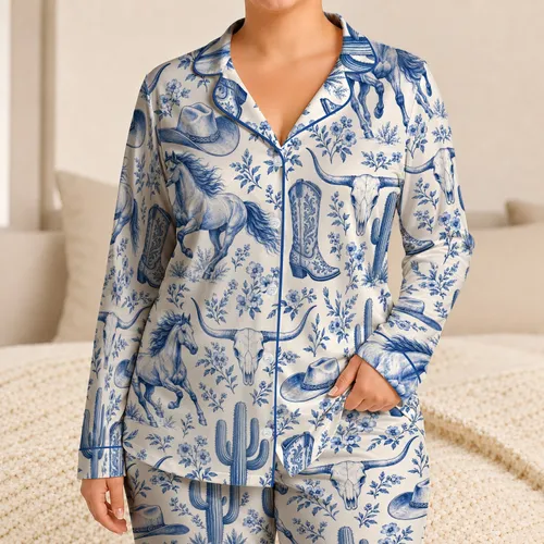 Blue Western Horses, Cacti and Cowboy Hats for Cozy Ranch Nights and Cowgirl Escapes Satin Pajamas Set