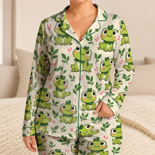 Cheerful Lime Green Frog Faces for Cozy Lounging and Whimsical All-Season Gift Giving Satin Pajamas Set