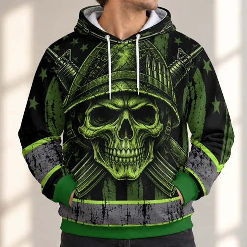 Green Skull Soldier Emblem for Outdoor Workwear and Tactical Casual Style All-over Print Hoodie (Lightweight)
