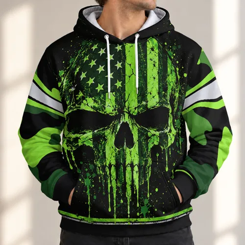 Neon Green Flag Skull for Rugged Outdoor Patriot Style and Bold Casual Weekend Wear All-over Print Hoodie (Lightweight)