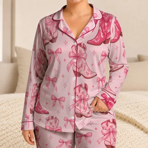 Pink Cowboy Boots with Bows for Cozy Western-Inspired Evenings and Relaxed Lounging Satin Pajamas Set