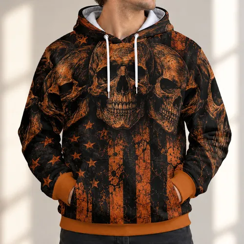 Orange-Brown Skull and Star Stripes for Rugged Commutes and Outdoor Weekend Wear All-over Print Hoodie (Lightweight)