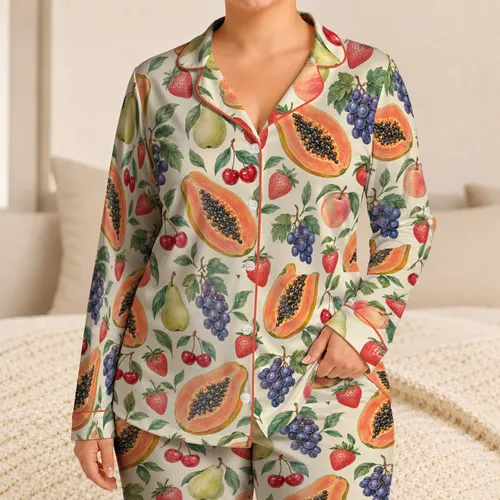 Papaya And Berry Fruit Motifs For Relaxing Tropical Summer Evenings Satin Pajamas Set