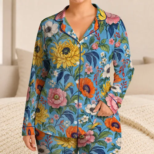 Colorful Botanical Blooms for Relaxed Evenings and Cheerful At-Home Style for Her Satin Pajamas Set