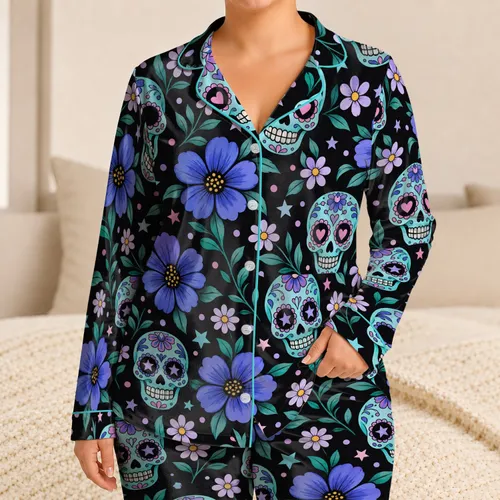 Teal Sugar Skulls and Wildflowers for Spooky Season Lounging and Cozy Nights for Her Satin Pajamas Set