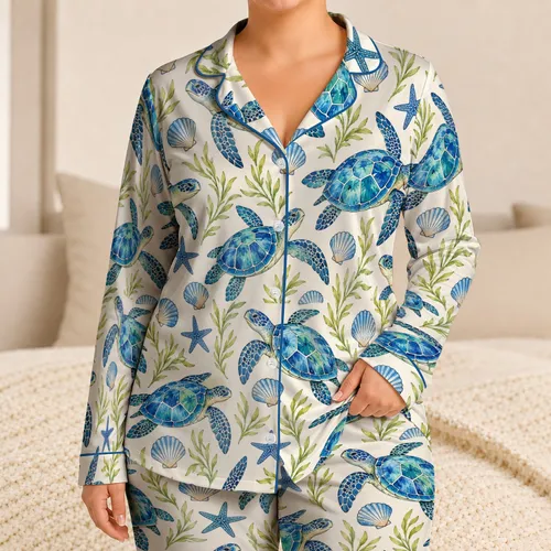 Blue Sea Turtle Coastal Motifs for Relaxed Summer Getaways and Ocean Lovers Satin Pajamas Set
