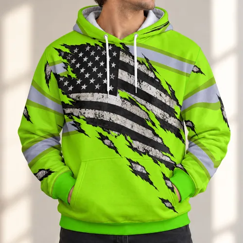 Neon Green Torn American Flag Workwear for Outdoor Jobs and Weekend Adventures All-over Print Hoodie (Lightweight)